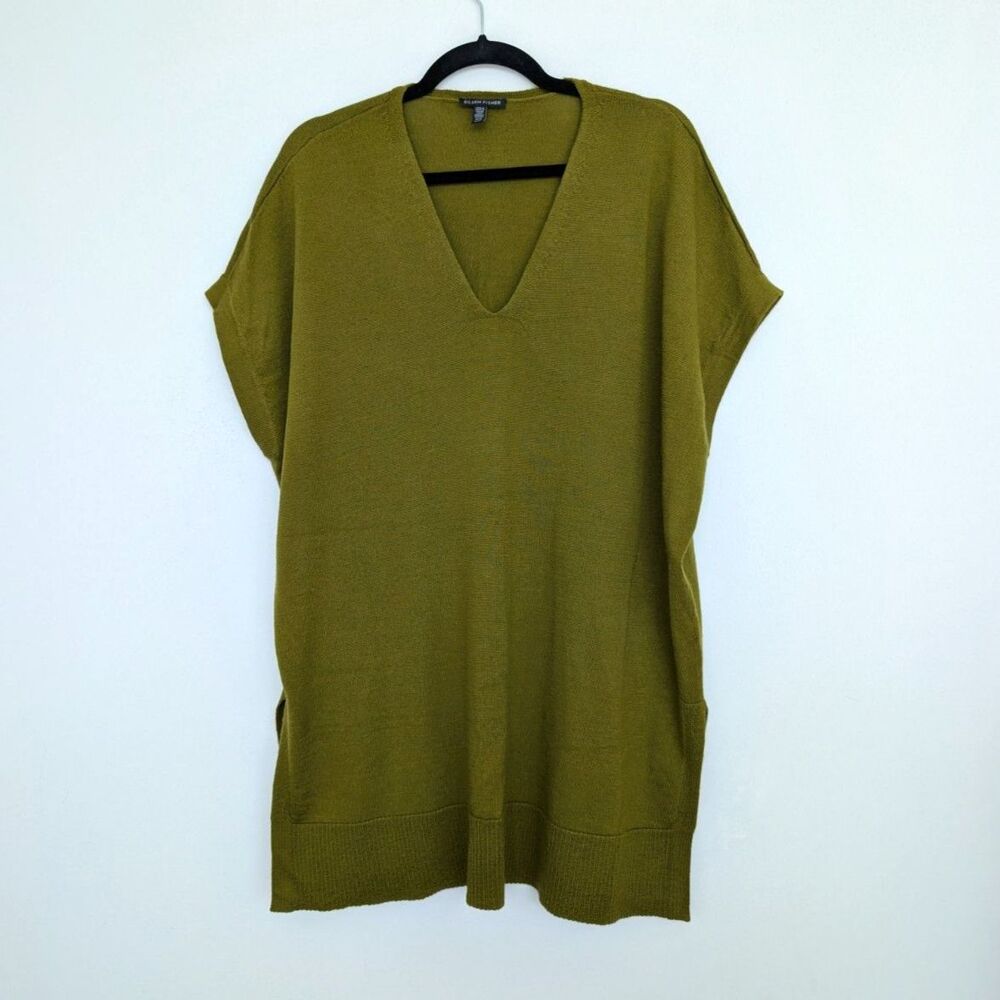 Eileen Fisher Merino Wool Italian Yarn V Neck Longline Sweater Tunic Vest Sz M